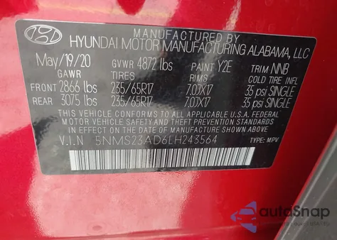2020 Hyundai Santa Fe Se from USA, damaged, VIN 5NMS23AD6LH243564